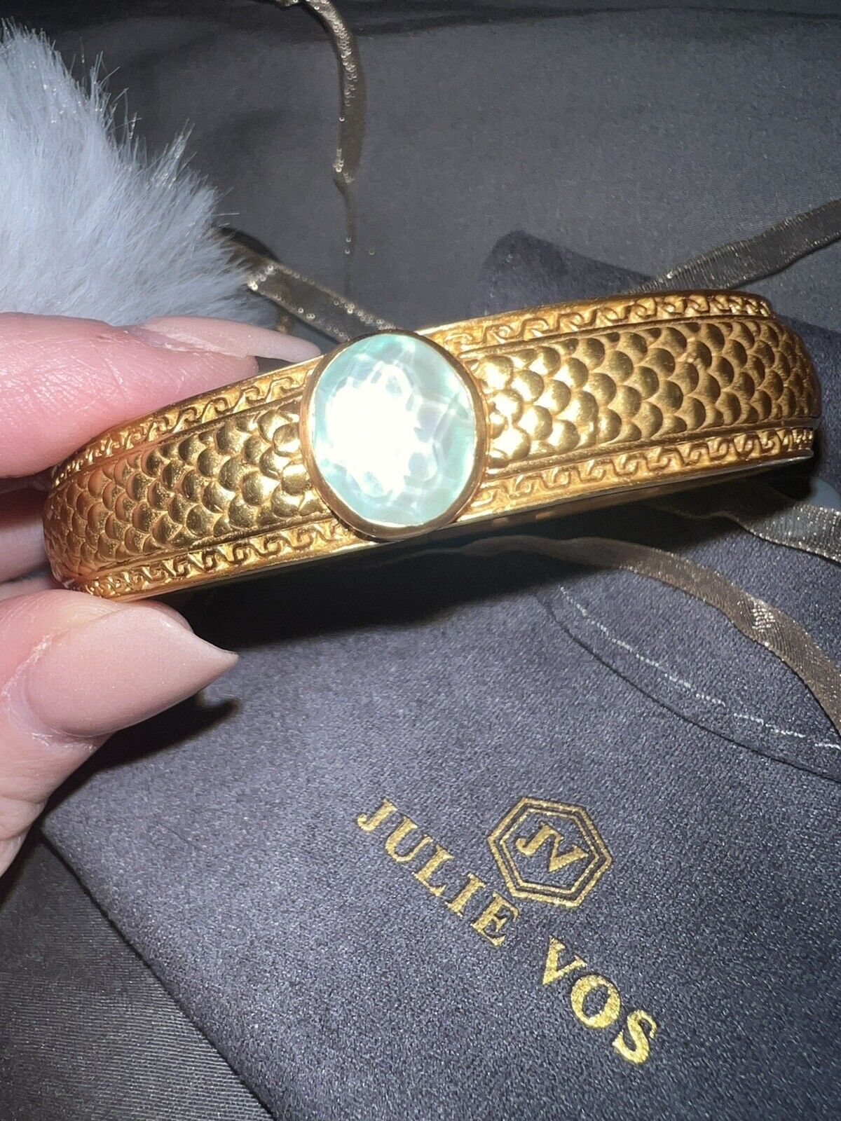 Julie Vos Hinged Bangle with Bahamian Blue Stone & 24k Plated  RETIRED