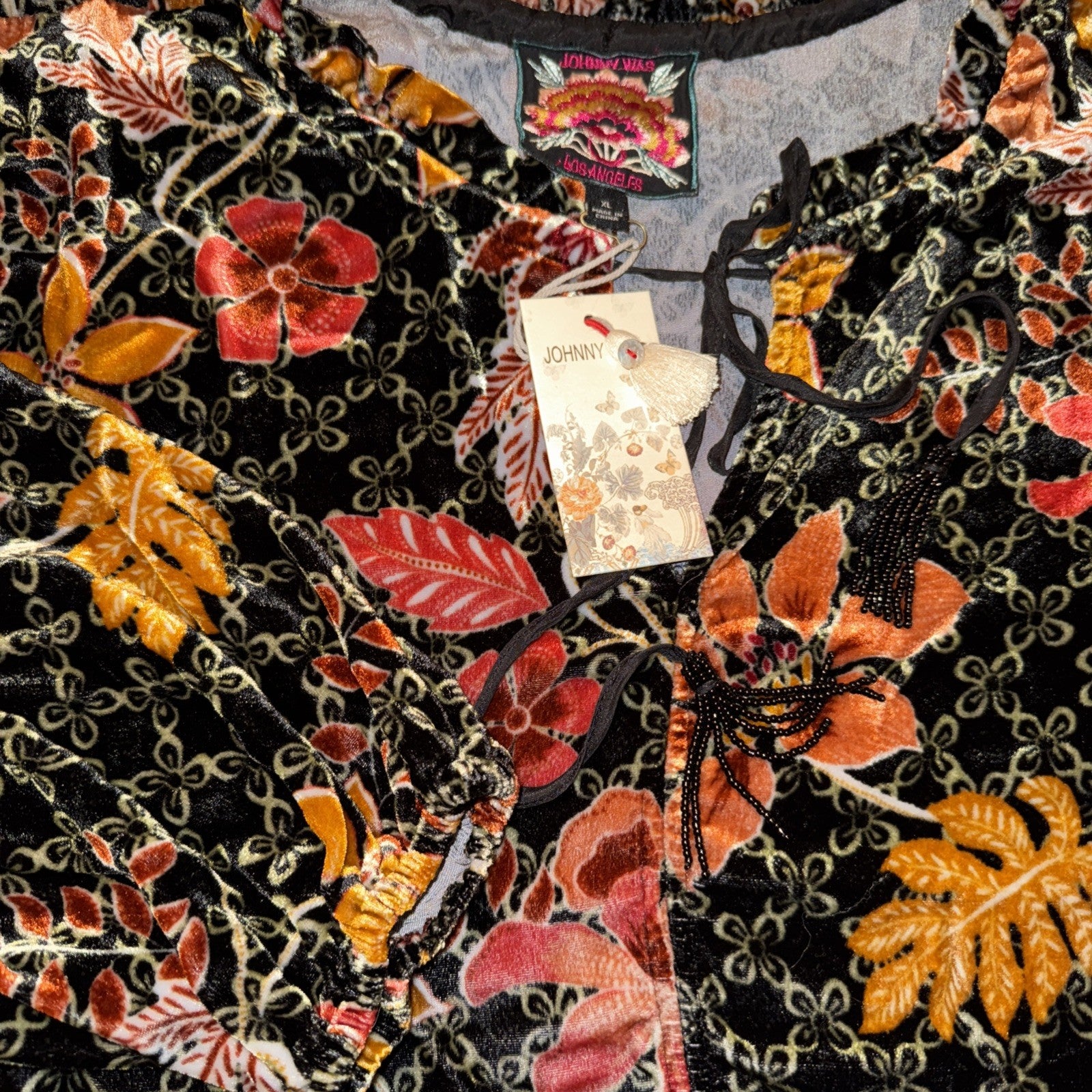 Johnny Was XL Velvet Mini Dress Tiered Fall Colors Babydoll Beaded Maxi Johnny Was