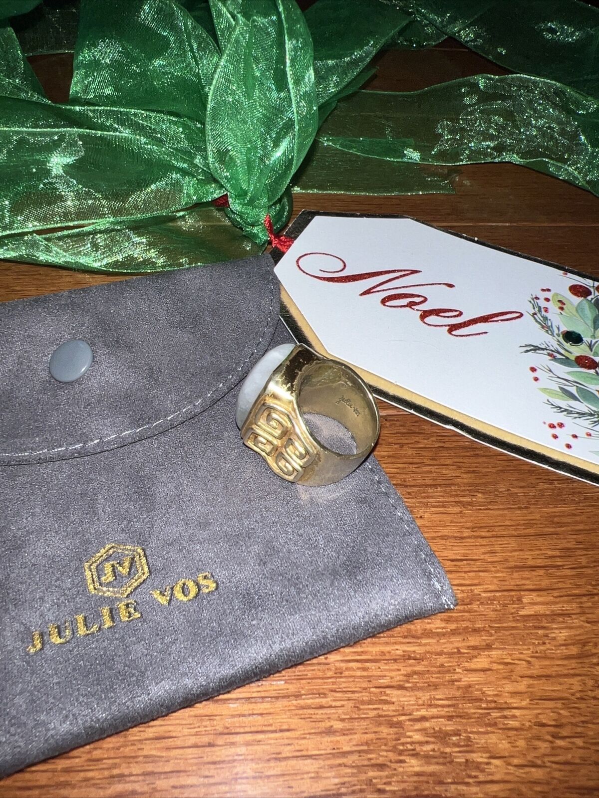 Julie Vos Greek Key Moonstone 24k Gold Plate Ring Sz 7