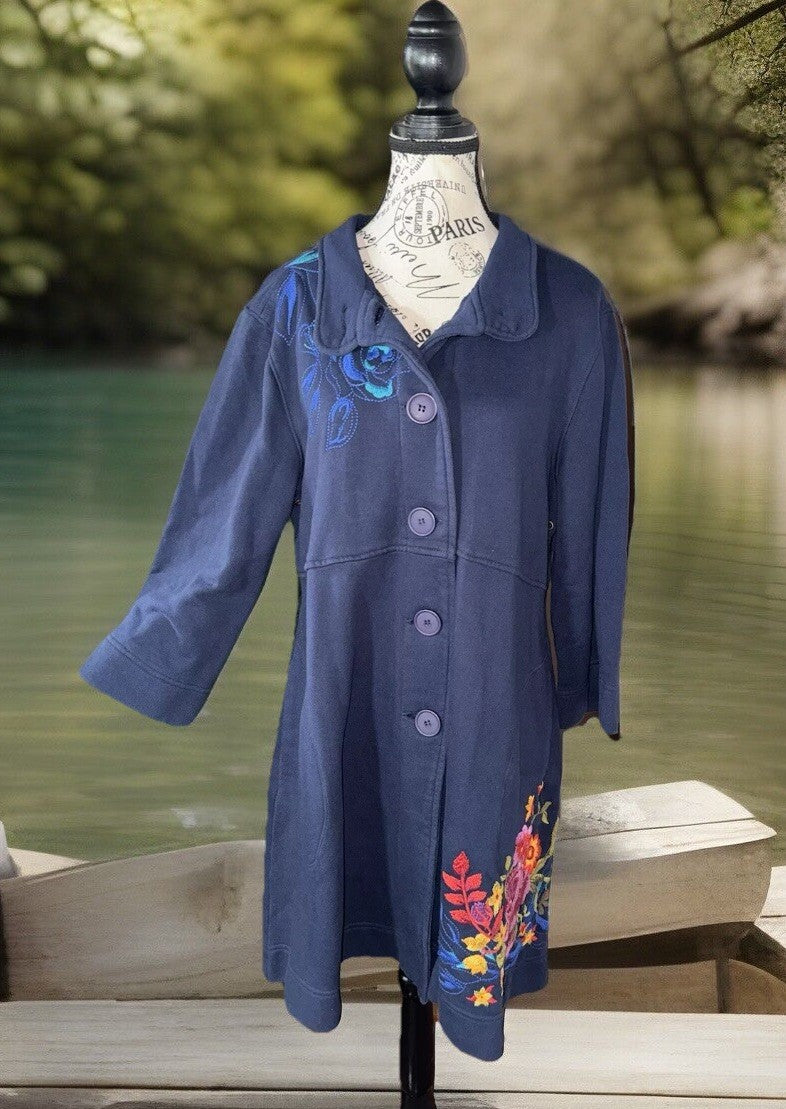 Johnny Was XL Blue Military Trench Coat Jacket Navy W/ Embroidery  Soft Johnny Was