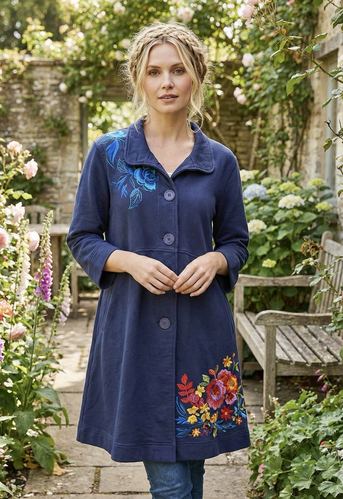 Johnny Was XL Blue Military Trench Coat Jacket Navy W/ Embroidery  Soft Johnny Was