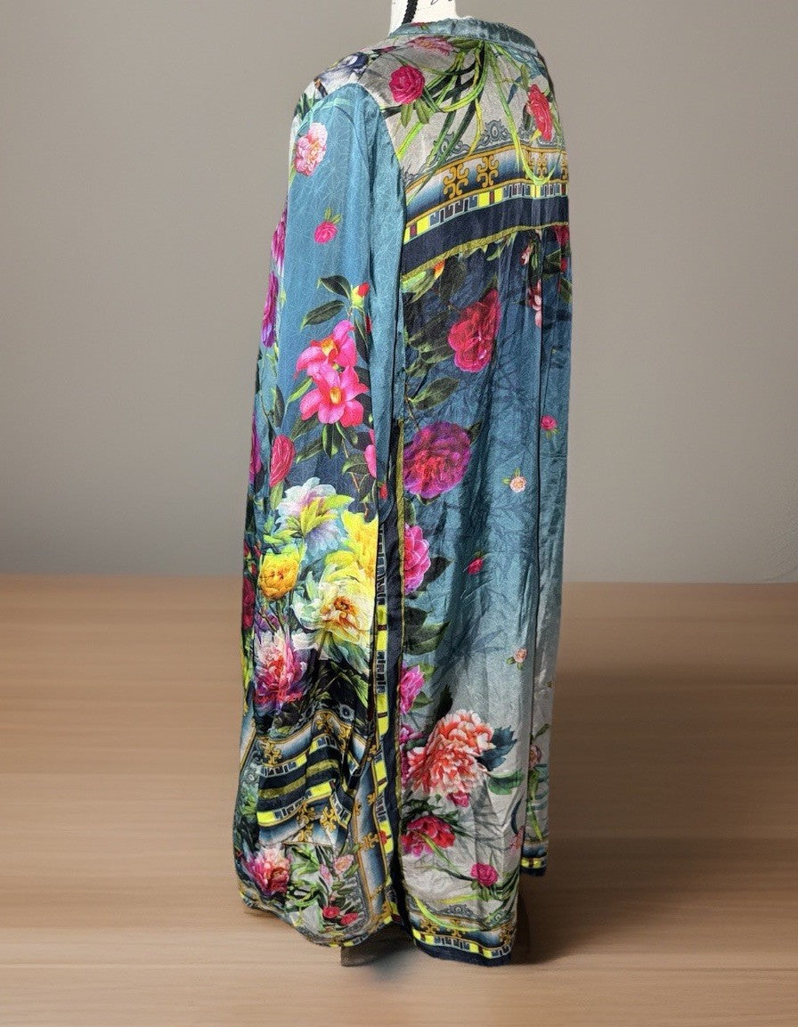 Johnny Was XL 100% Silk Mini Shirt Dress Button Up Tunic Top  Roses Blue Johnny Was