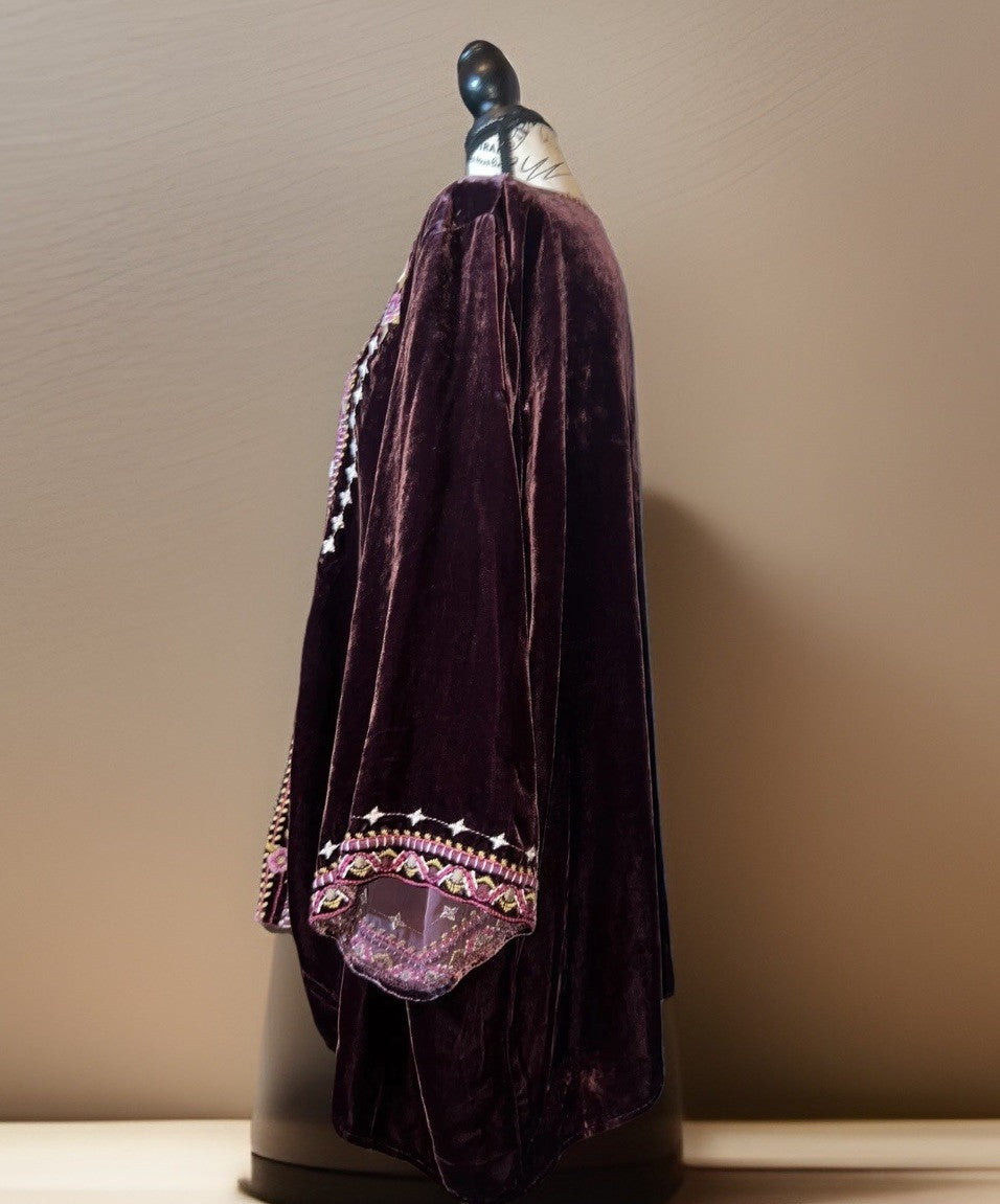Johnny Was M Medium Purple Velvet Heavily Embroidered Tunic Top Kimono Sleeves Johnny Was