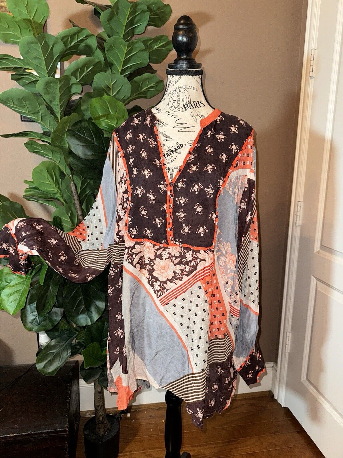 Johnny Was 3X 3XL Silky Peasant Blouse Tunic Top Kimono Sleeves Fall Colors