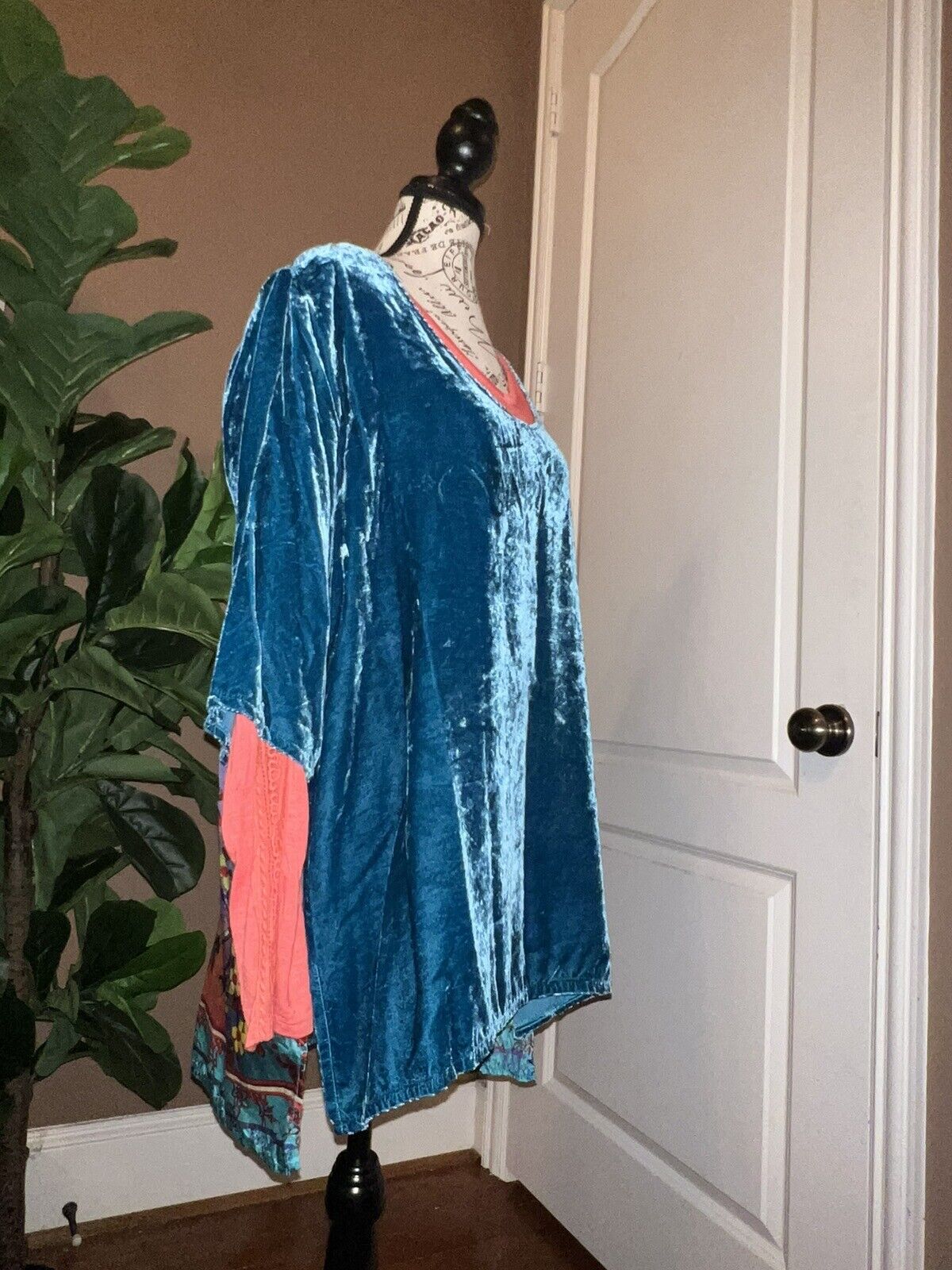 2 pc Johnny Was Teal Blue Velvet & Silk Tunic Top W/ Matching Undershirt L Large