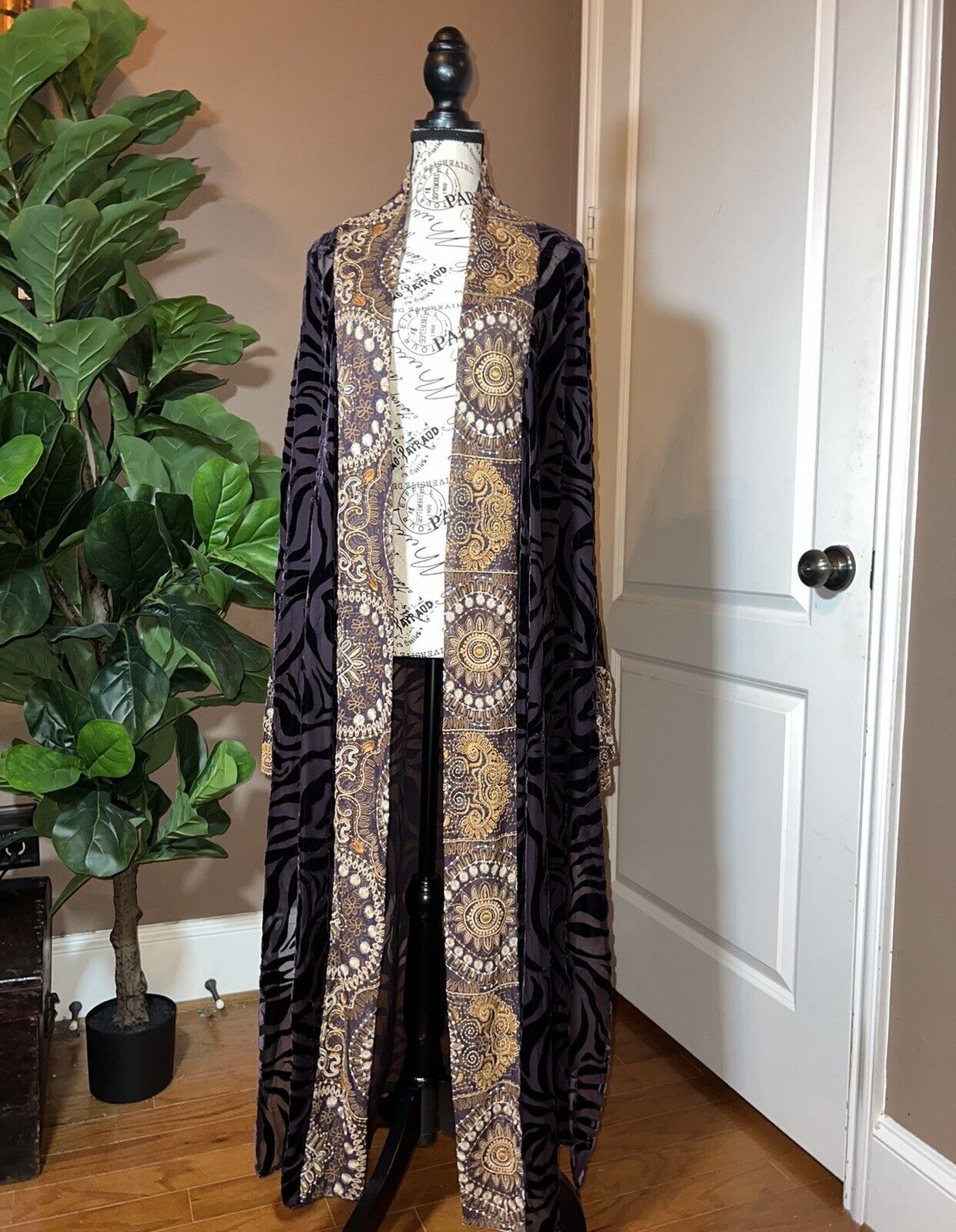 Johnny Was XL Burnout Velvet Long Kimono Duster Wrap Deep Plum Wine Zebra & Gold