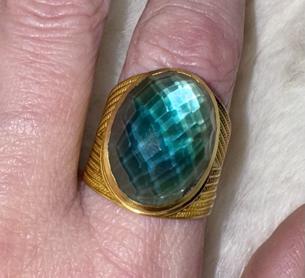 Julie Vos Iridescent Peacock Blue Statement Ring Sz 9 ADJUSTABLE 24k Gold Plate Julie Vos