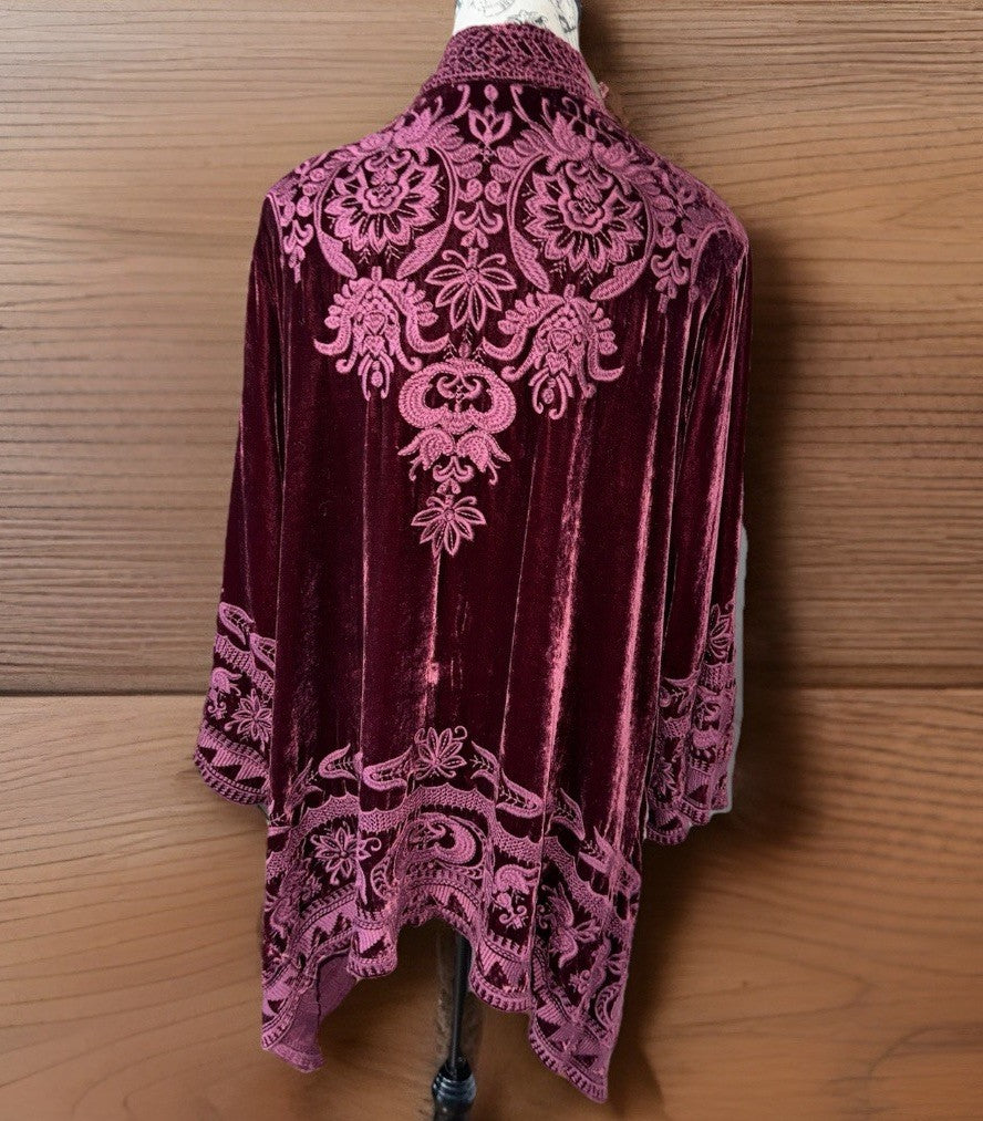 Johnny Was XL Burgundy Wine Velvet Kimono Cardigan Embroidered Top Wrap Duster Johnny Was