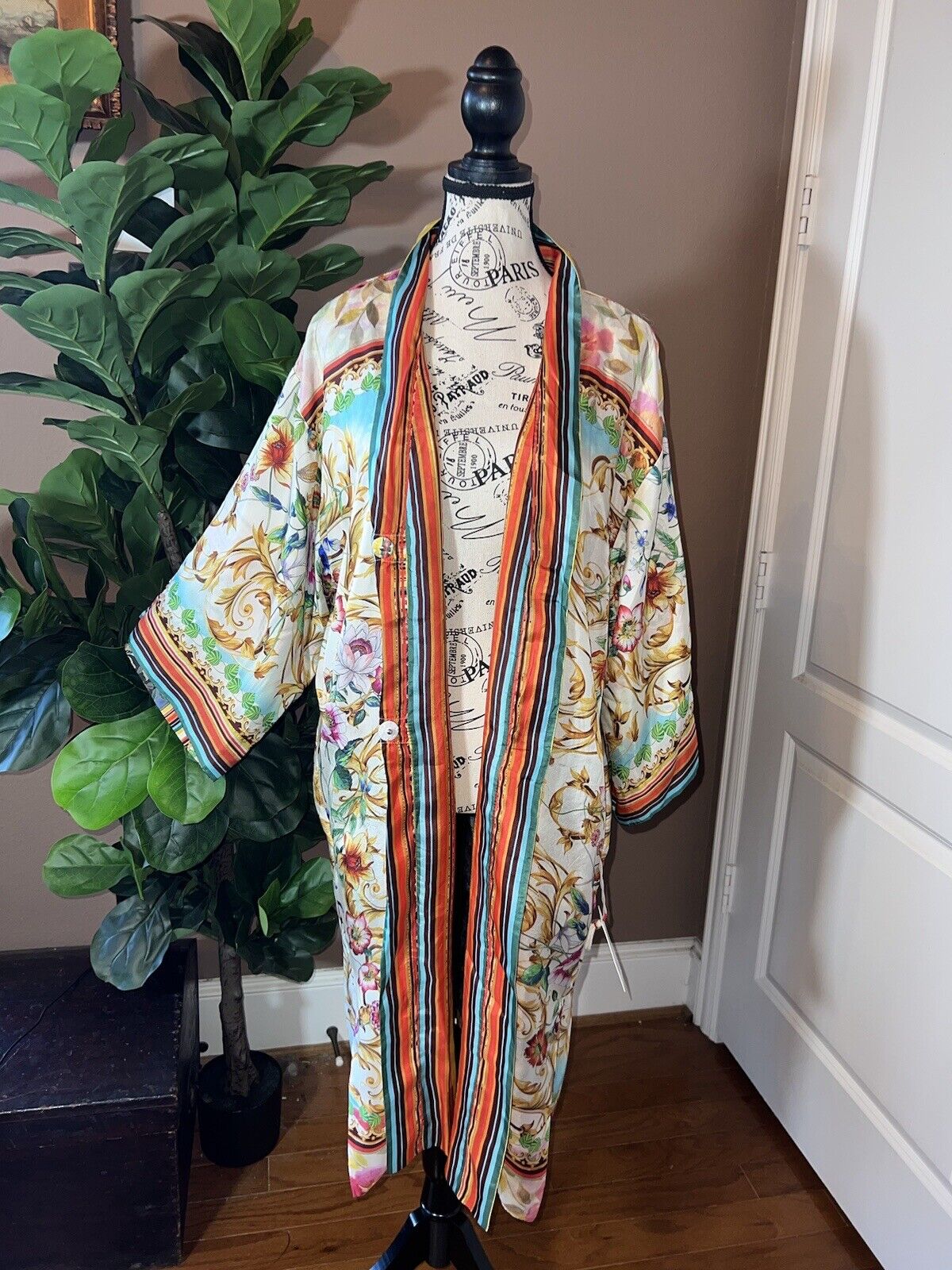 Johnny Was 100% Silk Long Kimono Wrap PL Petite Large REVERSIBLE Duster