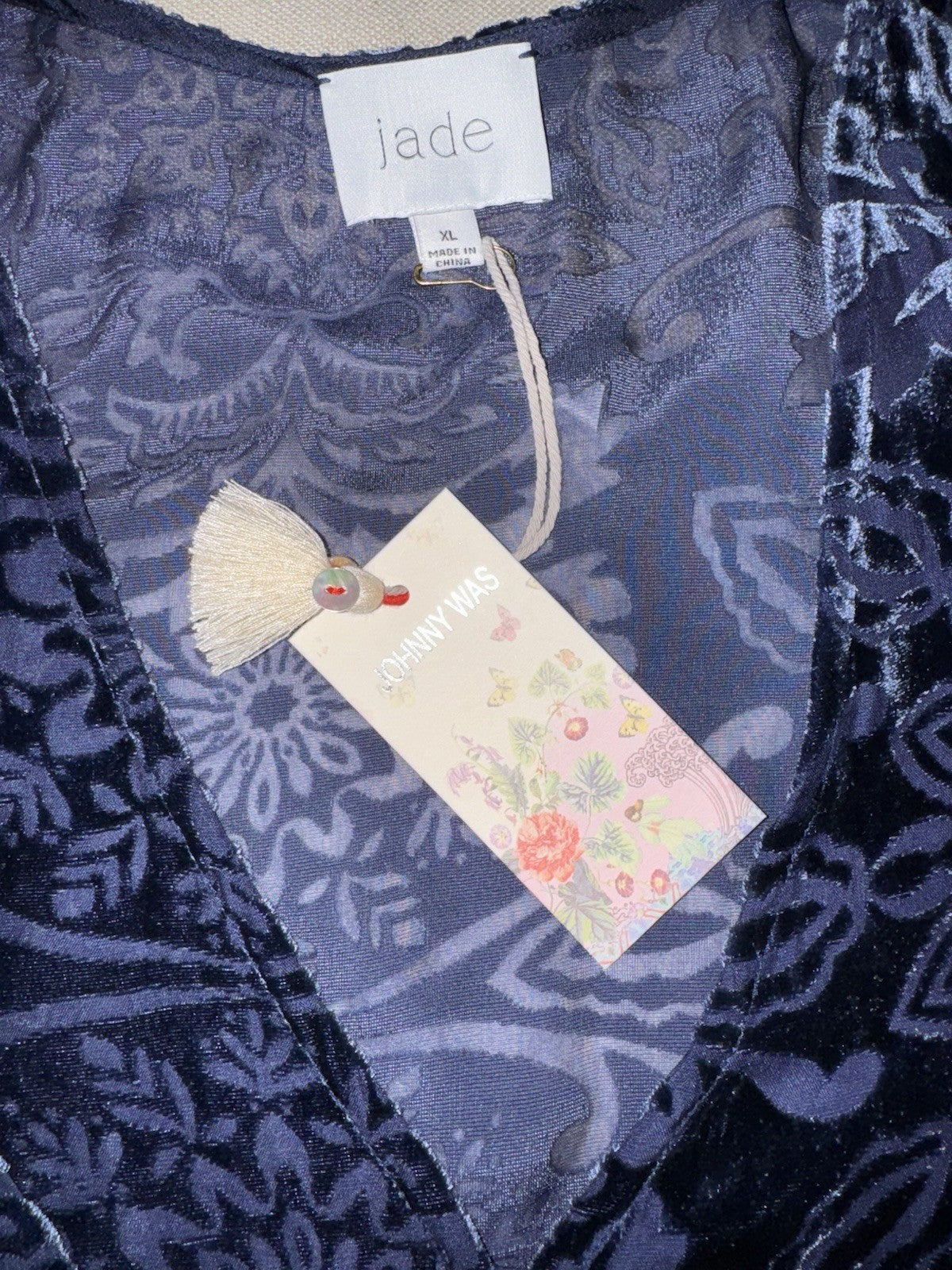 Johnny Was XL Midnight Blue Velvet Burnout Shift MIDI Dress Lightweight Johnny Was