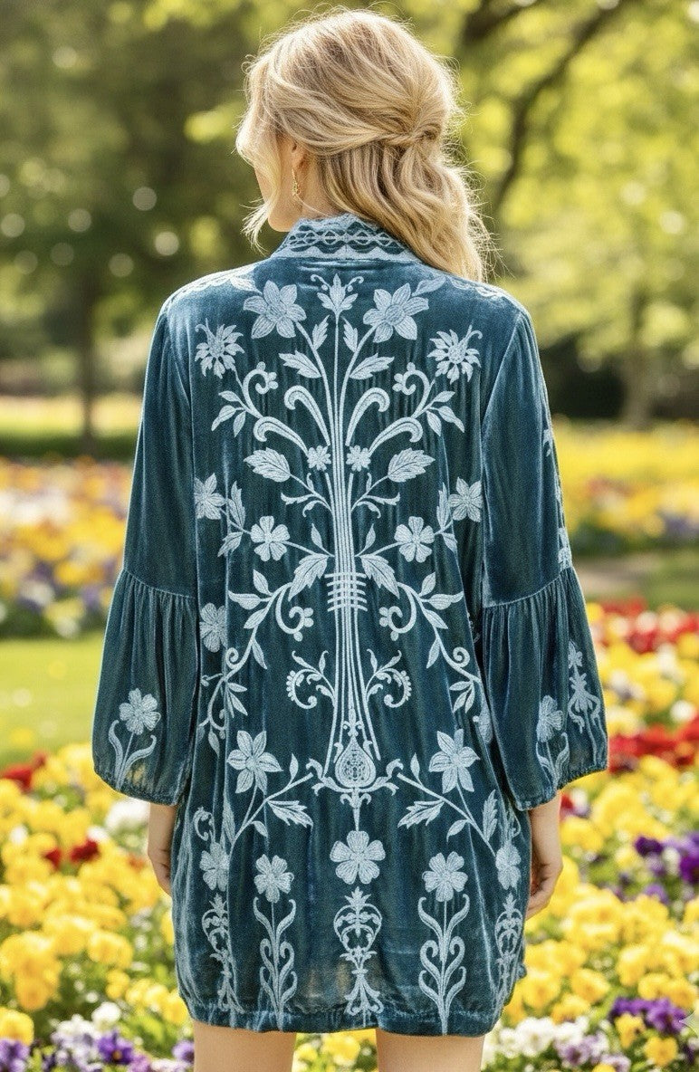 Johnny Was L Teal Green Velvet Kimono Duster Wrap Jacket Coat LUXE Embroidery Johnny Was