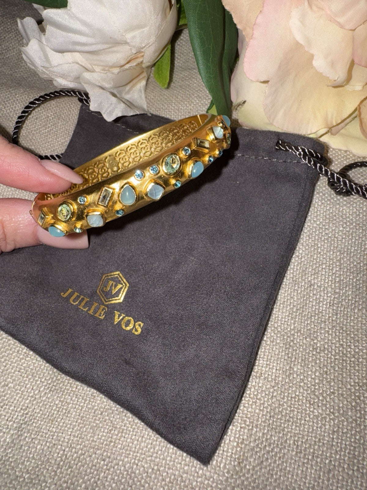 Julie Vos Hinged Bangle Bracelet Blue Iridescent Stones 24k Plated Julie Vos