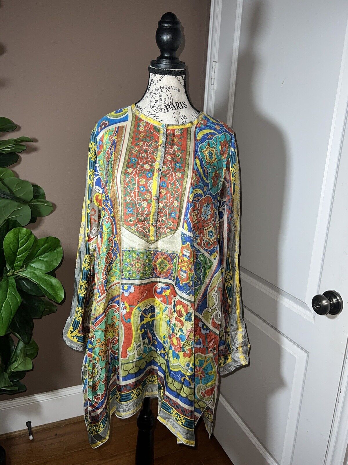 Johnny Was 100% Silk Long Sleeve Tunic Top Button Up Blouse Kimono Sz XL 1X 1XL