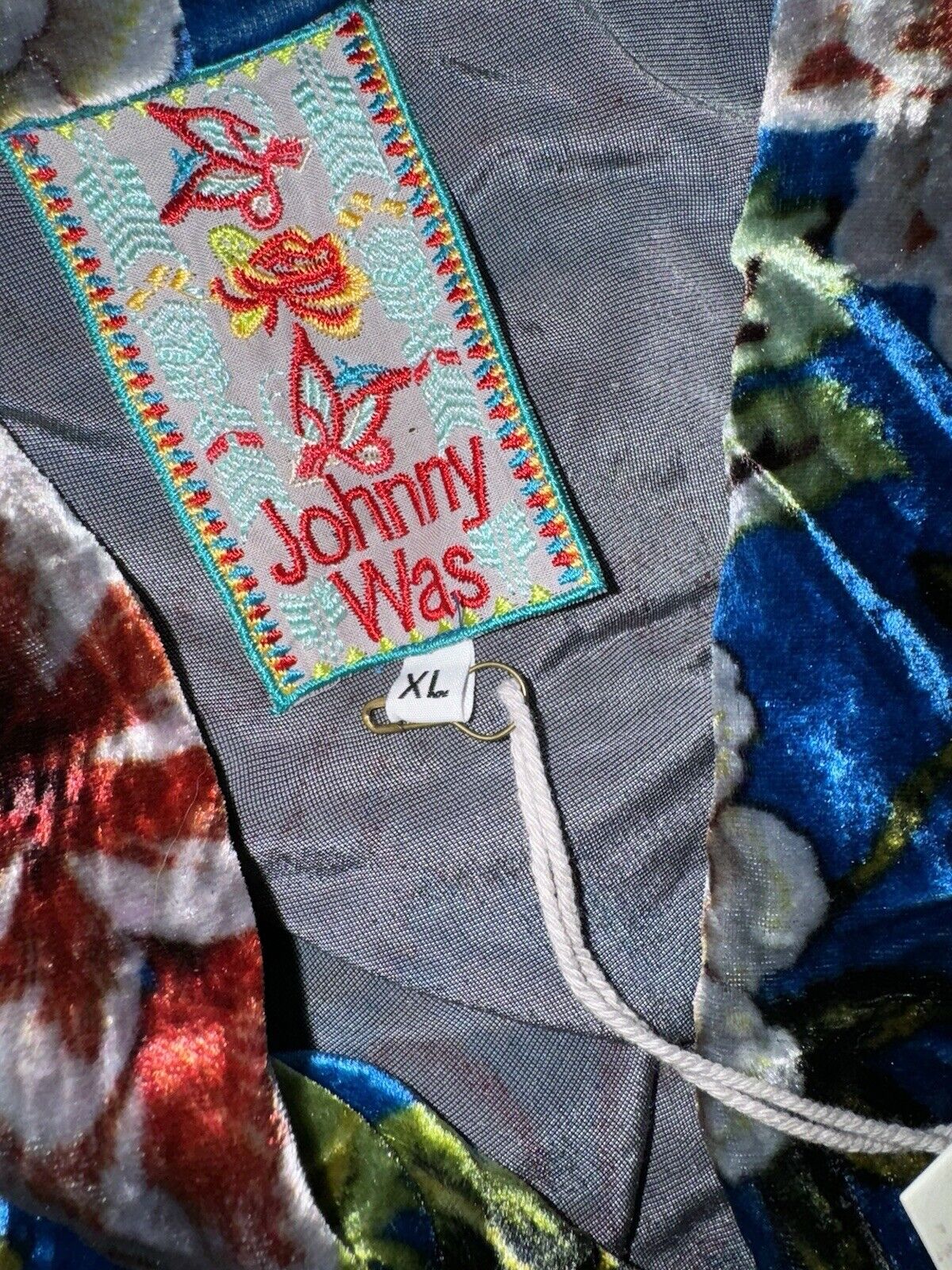 Johnny Was XL Blue Floral Velvet Kimono Wrap Jacket Duster Gorgeous Colors