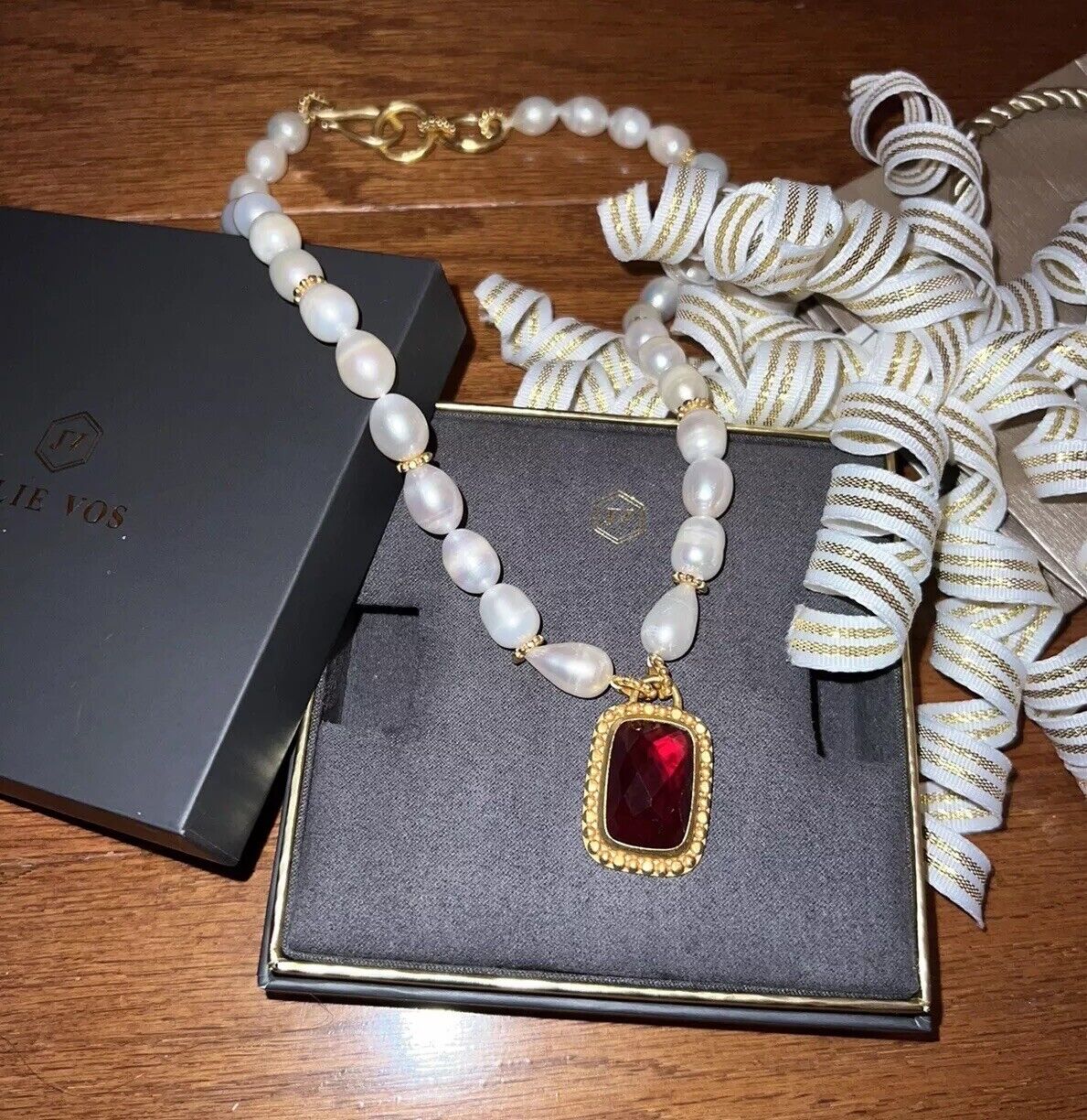 Julie Vos Freshwater Pearl & Ruby Red 24k Gold Plate Statement Necklace WOW!