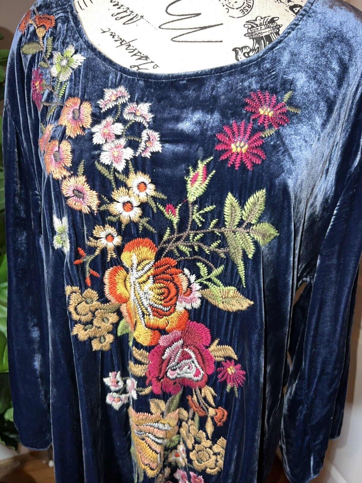 Johnny Was Floral Embroidered Blue Velvet Tunic Top Mini Dress Peacock XL NWO