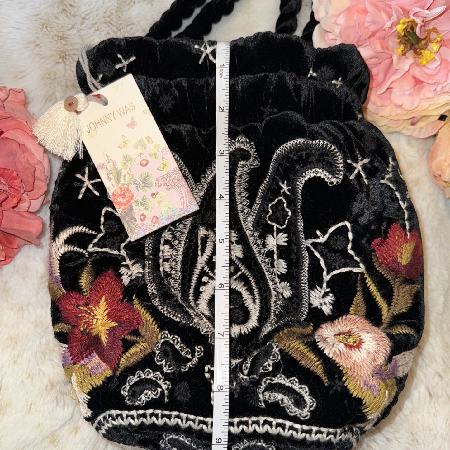 Johnny Was Black Velvet Embroidered Hobo Bag Tote Purse Pink Roses & Paisley Johnny Was