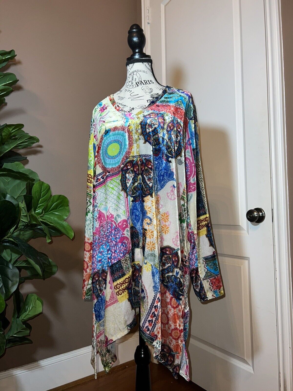 Johnny Was BOHO Velvet Mini Dress Tunic Top Kimono sleeves Sz L Large