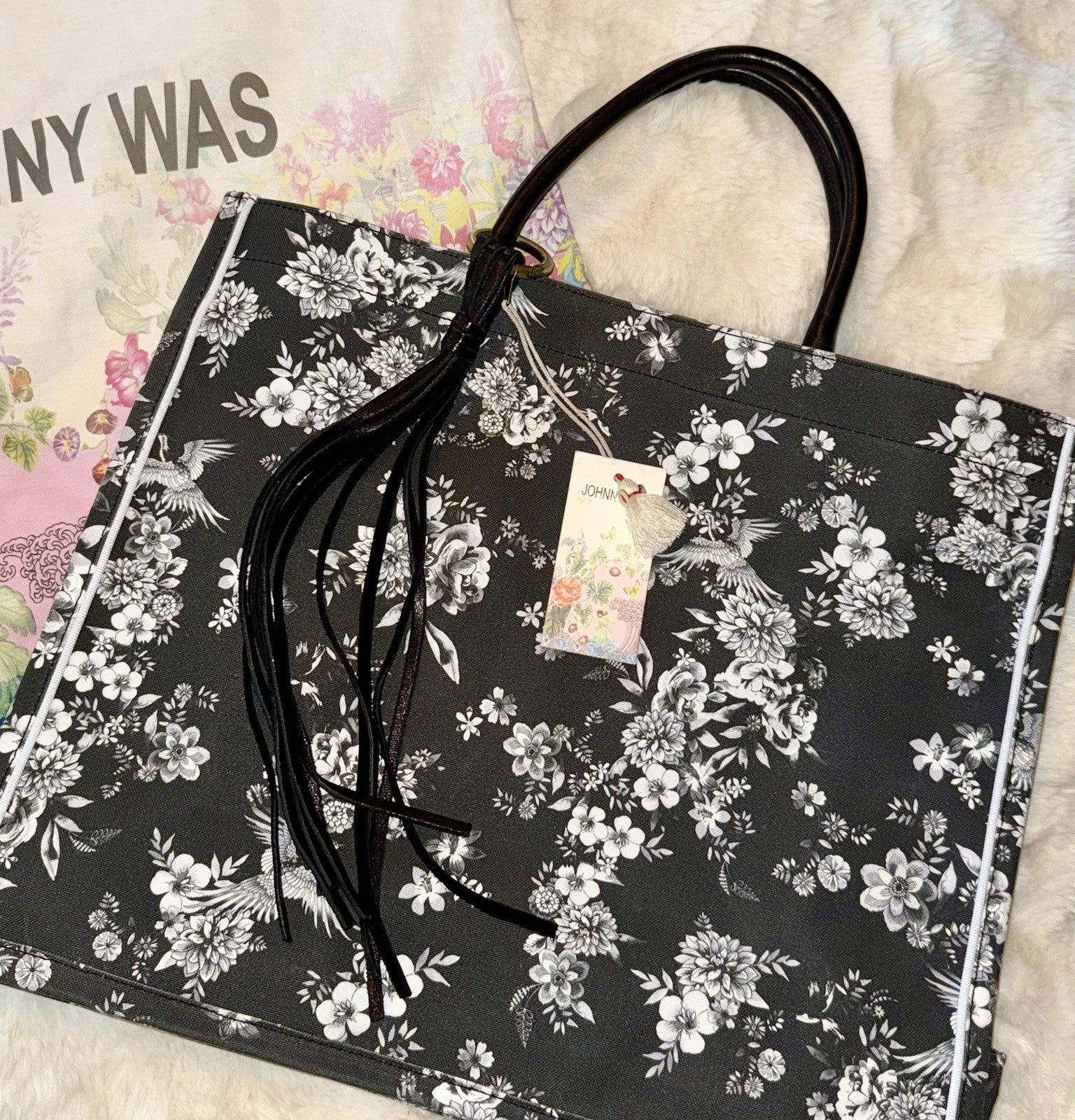 Johnny Was Black & White Coated Canvas Dreamer Bag Purse Tote Leather $428 Johnny Was