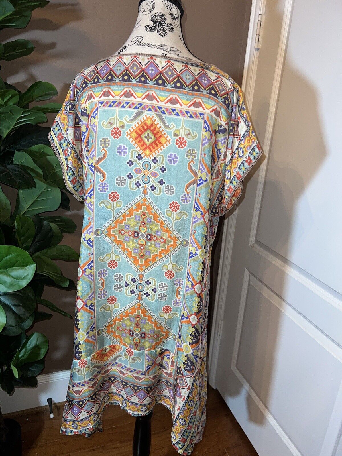 Johnny Was 100% Silk Sz L Large Tunic Top Mini Dress Cap Sleeves