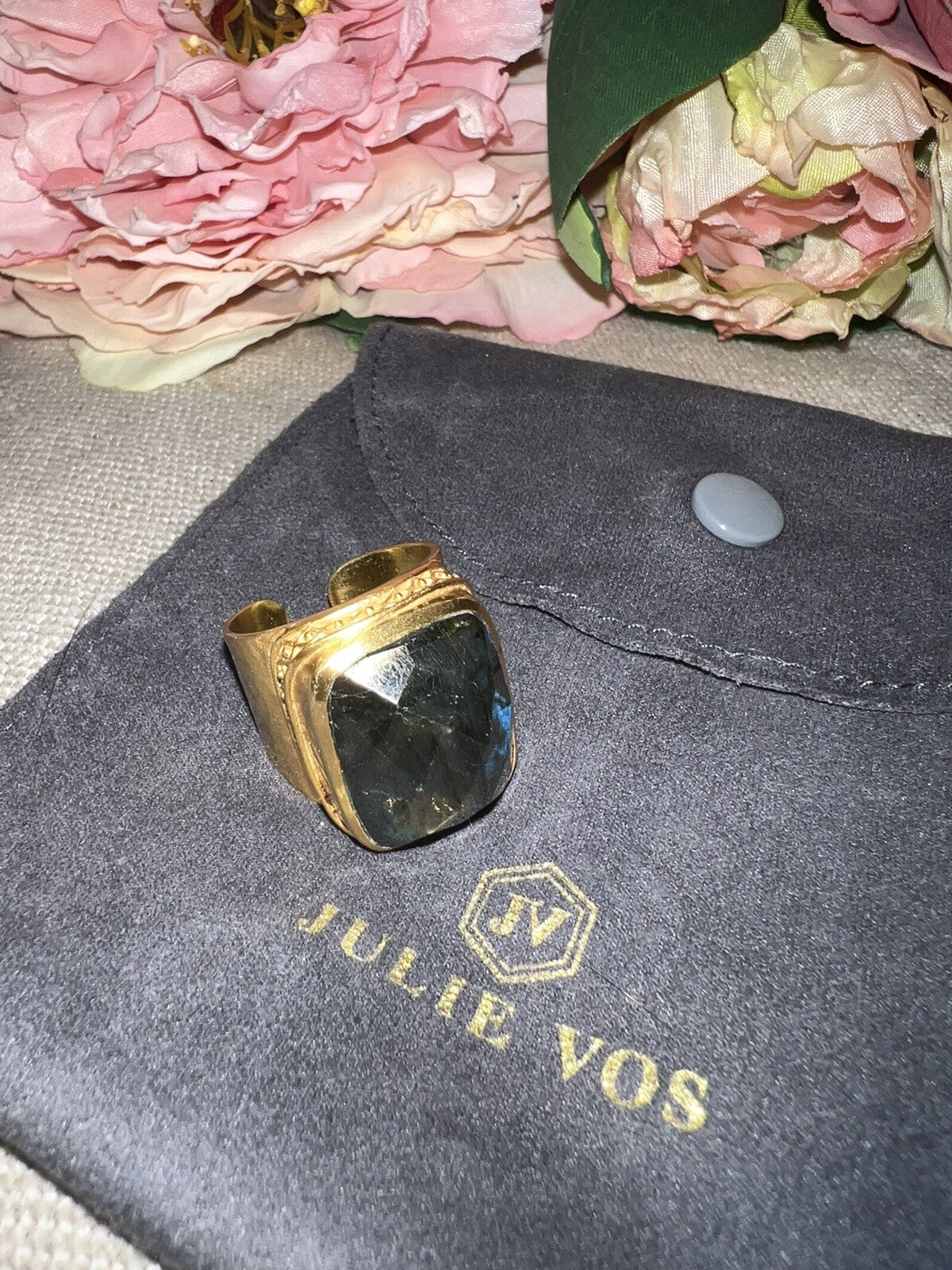 Julie Vos Sz 9 Cuff Ring ADJUSTABLE Real Labradorite & 24k Gold Plated Julie Vos