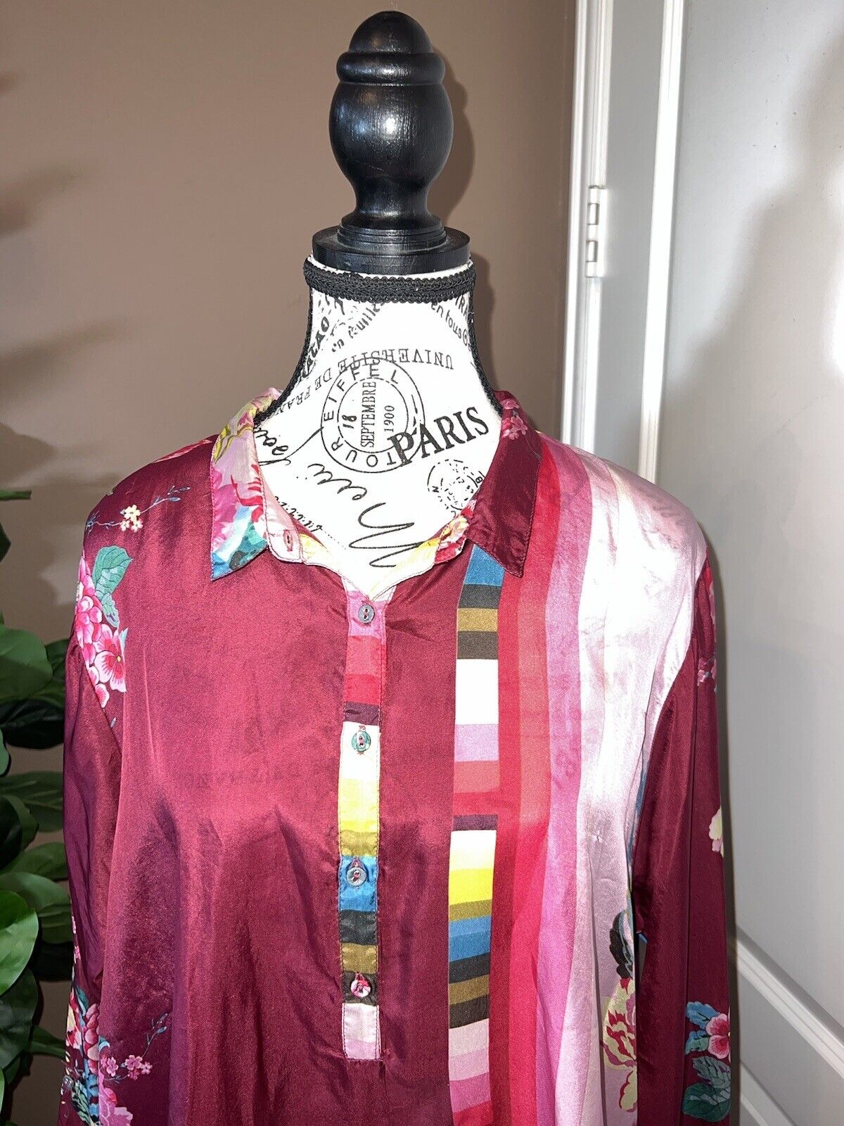 Johnny Was 100% Silk Tunic Top Scalloped Hem Jewel Tone L Large Purples