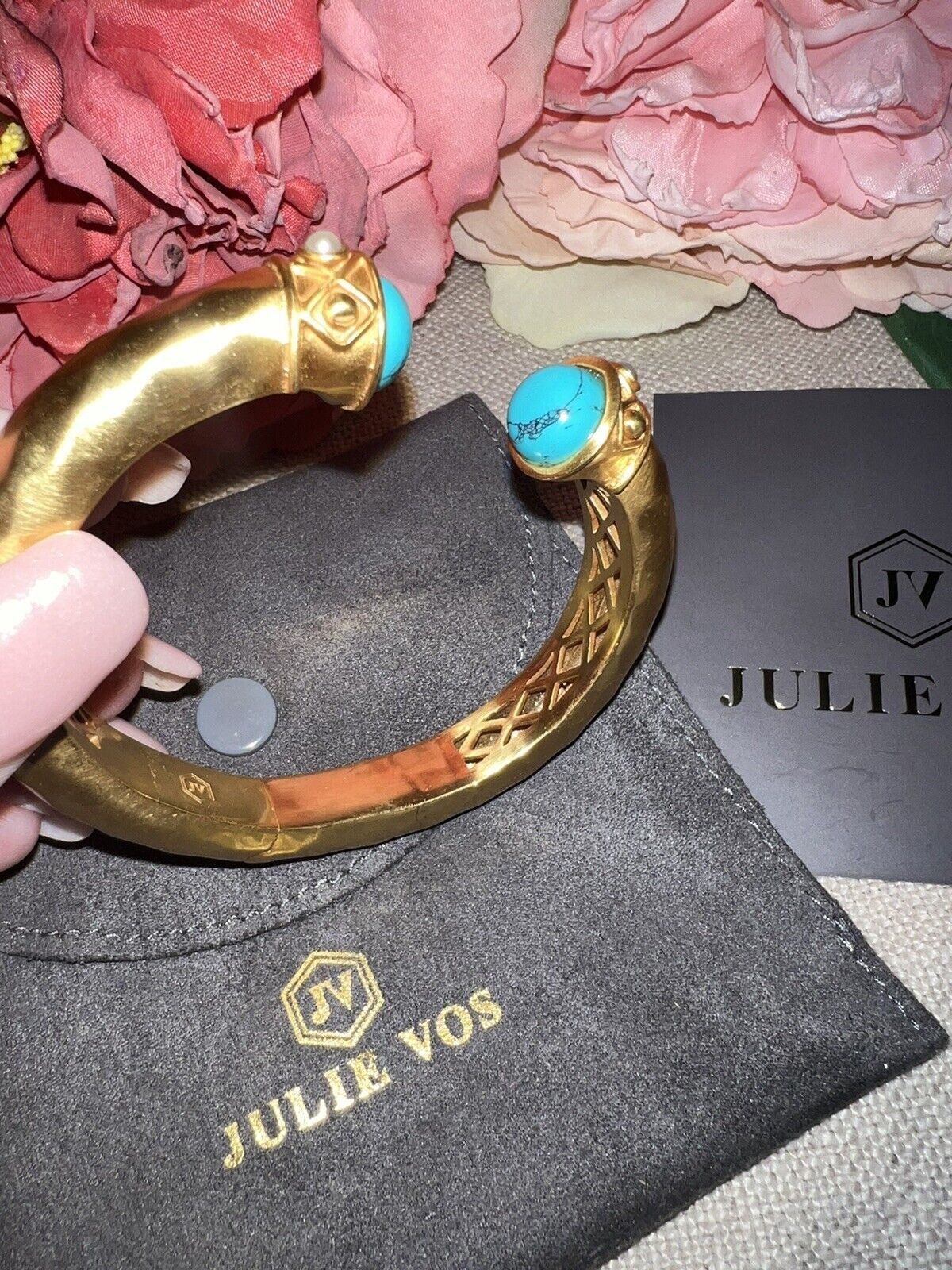 NEW Julie Vos Hinged Bangle Bracelet Blue Turquoise 24k Gold Plated NWOT