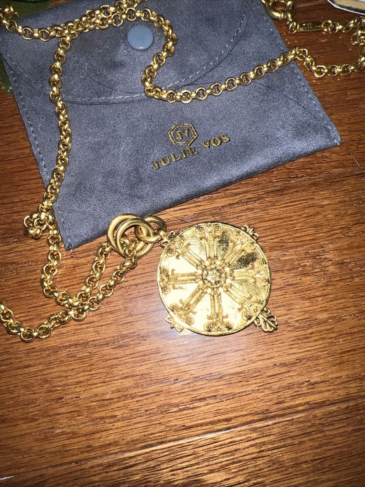 Julie Vos Medallion Pendant W/ Heavy Chain Link Necklace 24k Gold Plate