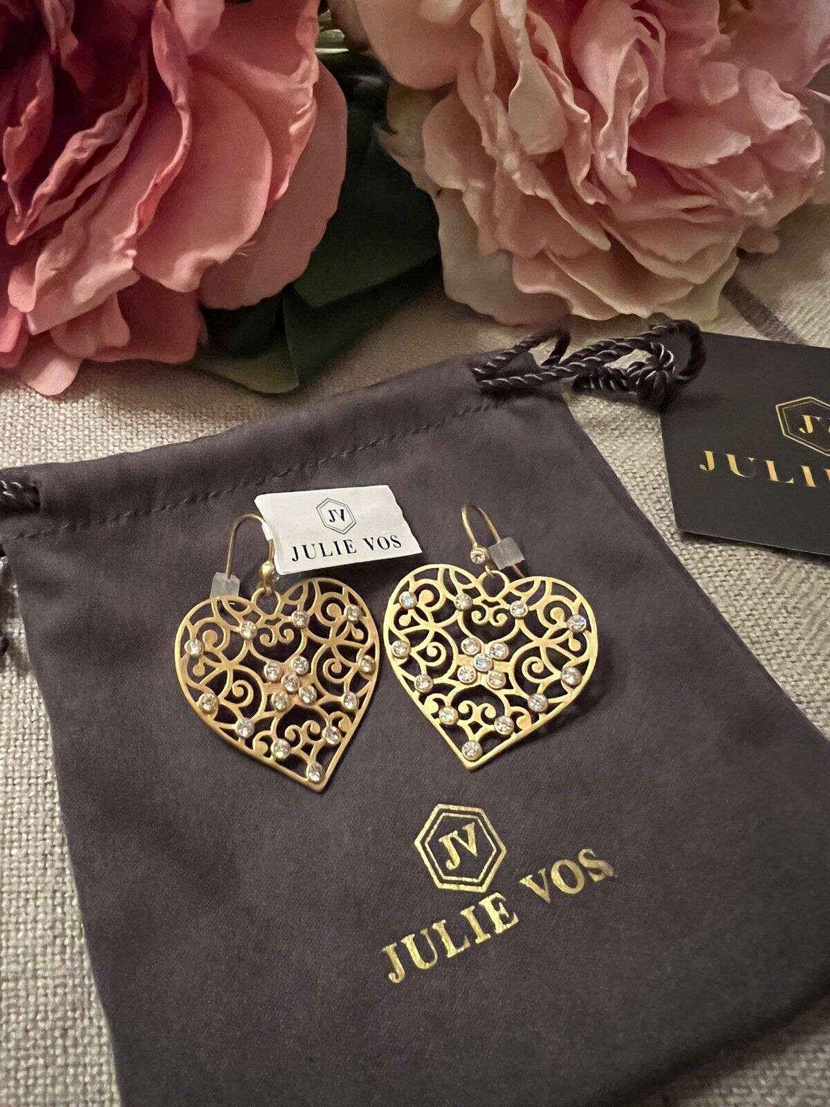 Julie Vos Heart Earrings CZ Embellished 24k Gold Plated Luxe statement