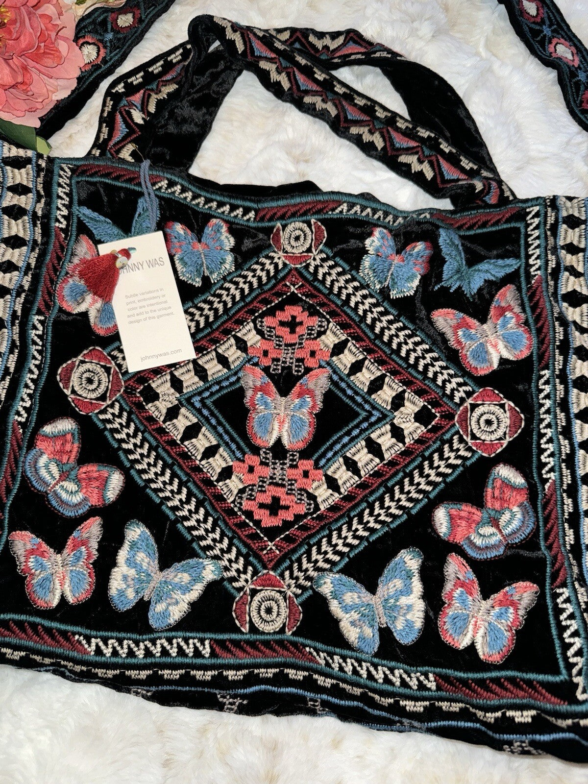 Johnny Was Large Black Velvet Hobo Bag Tote Purse Embroidered Crossbody Johnny Was