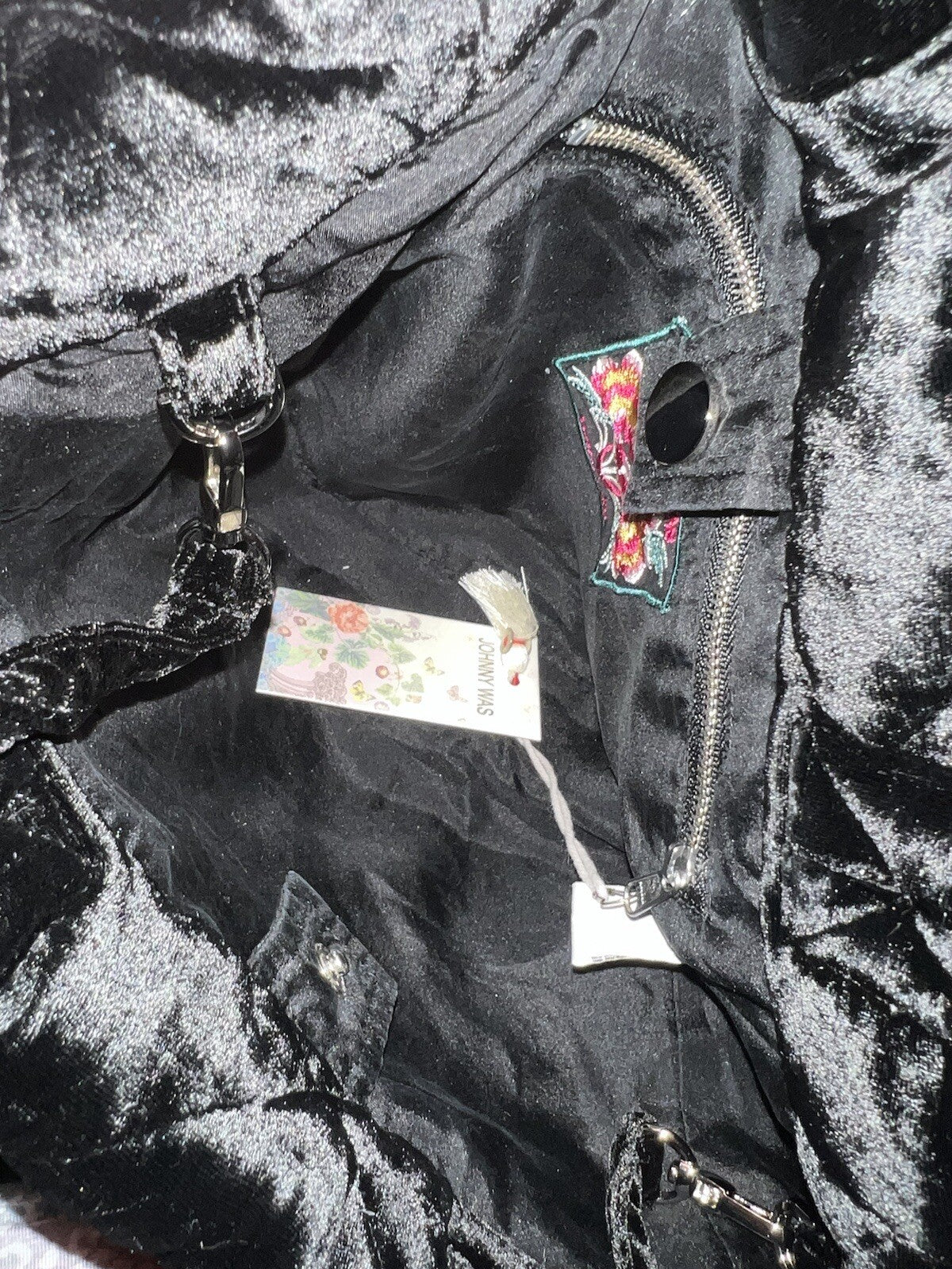 Johnny Was Black Velvet Embroidered Hobo Bag Tote Purse Crossbody Floral Johnny Was