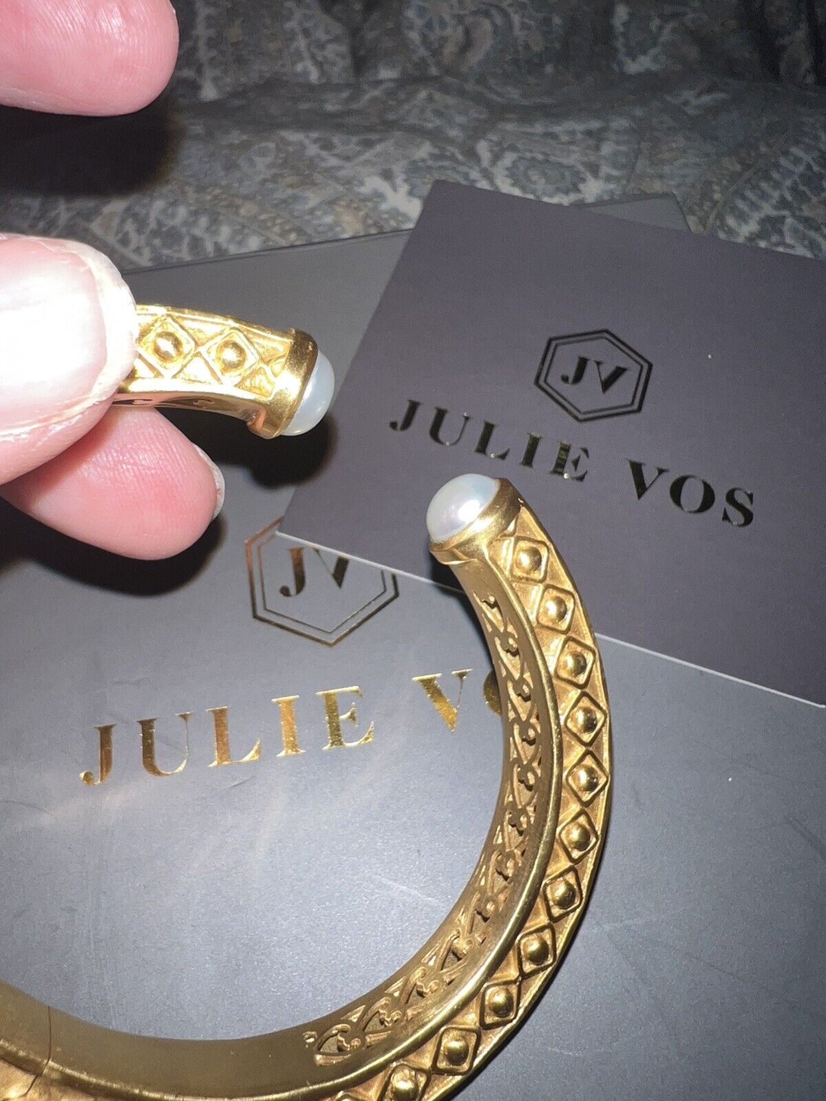 NEW Julie Vos Cuff Hinged Bangle Bracelet 24k Gold Plated & Pearl NWOT