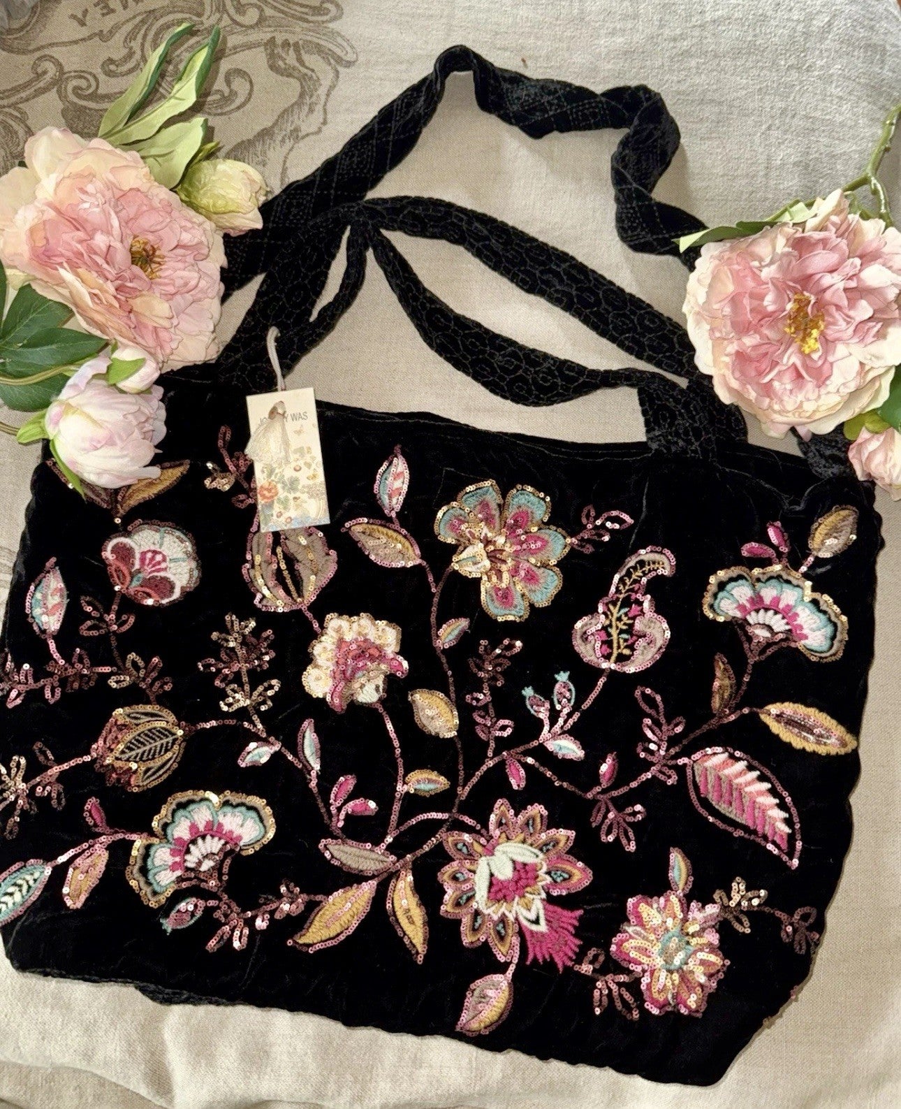 Johnny Was Large Black Velvet & Sequin Hobo Bag Tote Purse Embroidered Crossbody Johnny Was