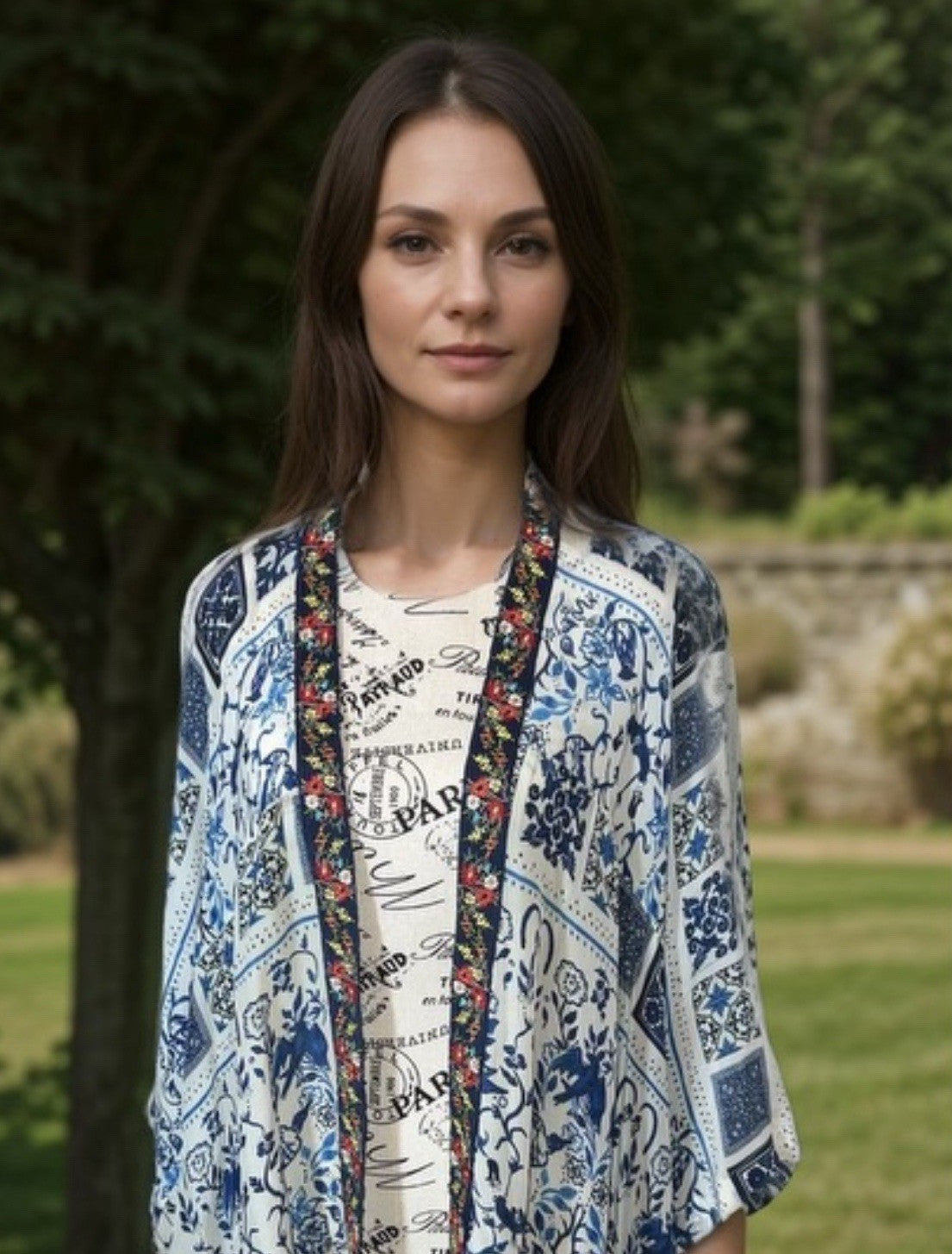 Johnny Was L Large Silky Kimono Blue & White Flowy Lightweight Cool BOHO Jacket Johnny Was