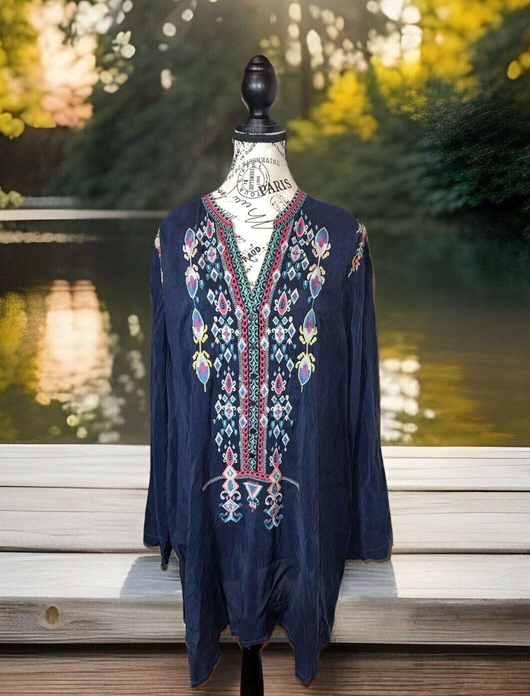 Johnny Was 3X 3XL Heavily Embroidered Navy Tunic Top Mini Dress Kimono Sleve