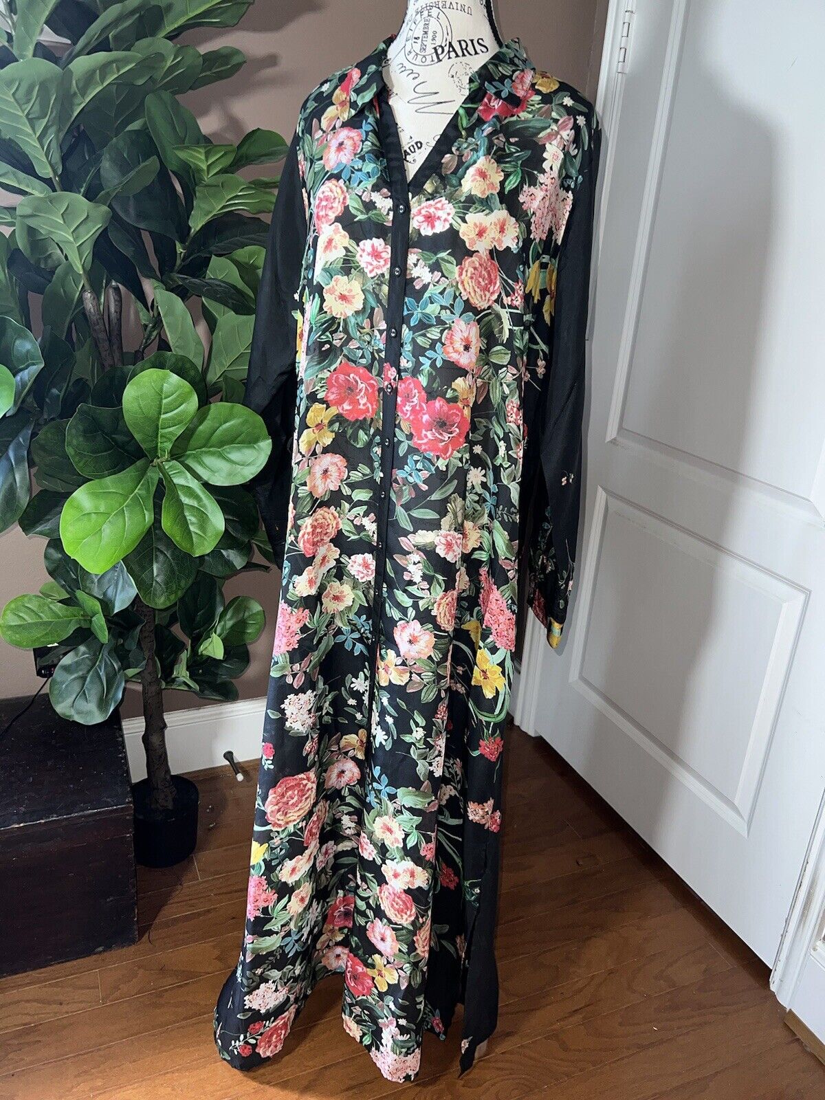 Johnny Was 100% Silk Black Sz L Large Maxi Dress Long Button Up