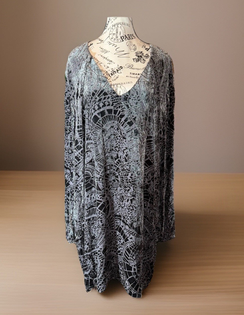 Johnny Was XXL Charcoal Grey Burnout Velvet Mini Shift Dress Tunic Top BOHO Johnny Was