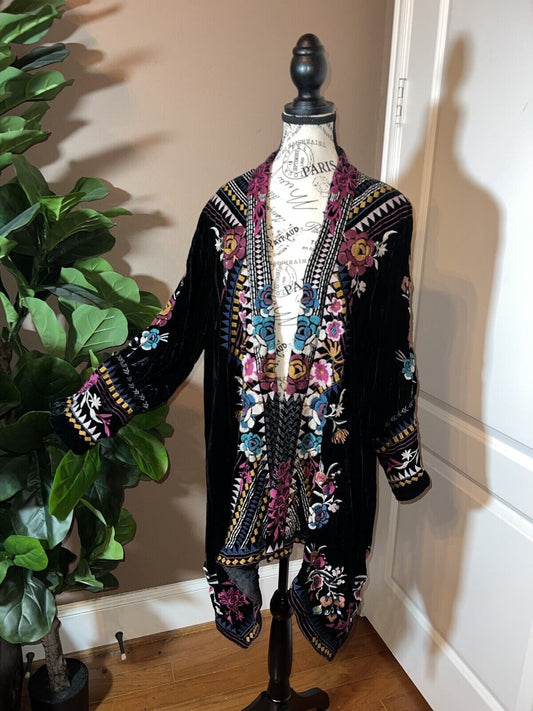 Johnny Was Black Velvet L Large Oversized Embroidered Wrap Duster Kimono