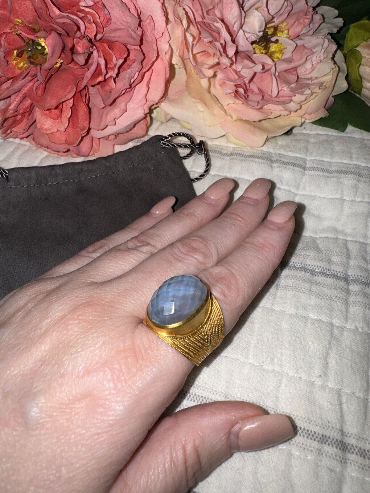 Julie Vos Ring Iridescent Soft Blue & 24k Gold Plate Sz 9 ADJUSTABLE