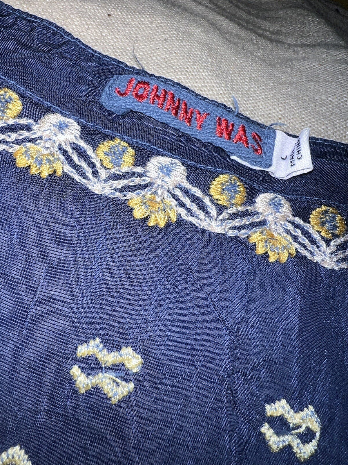 EuC Johnny Was L Large Blue Embroidered Tunic Top Mini Dress Floral RETIRED Johnny Was