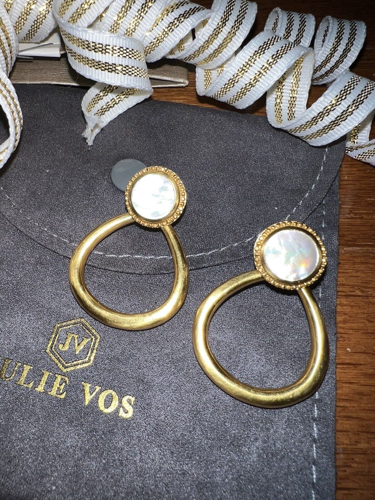 Julie Vos Mother Of Pearl Hanging Hoops 24k Gold Plate Earrings