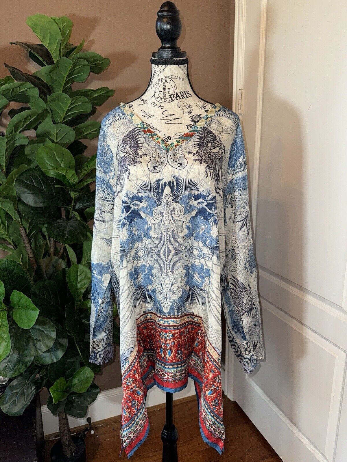 Johnny Was XL 1X 100% Silk Blue & White Tunic Top Blouse Mini Dress Kimono