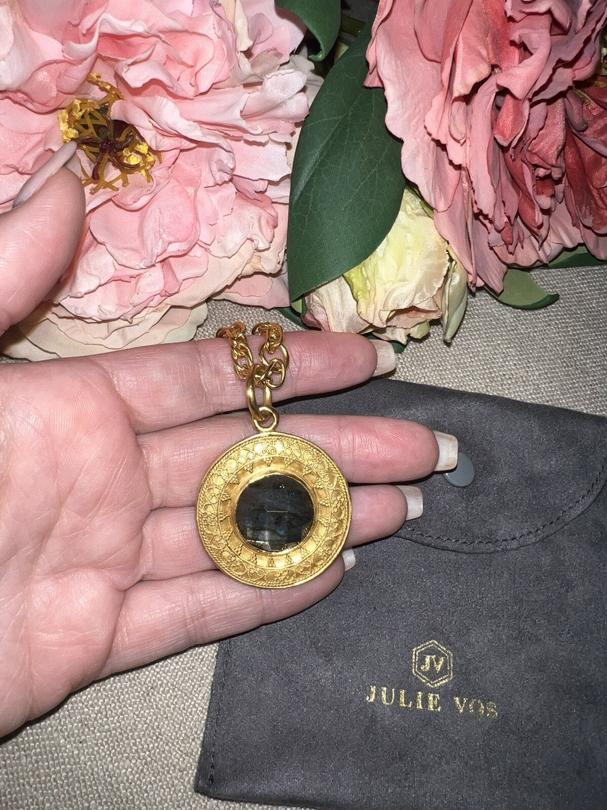 Julie Vos REVERSIBLE Statement Necklace Labradorite & PEARL Pendant Chain Julie Vos