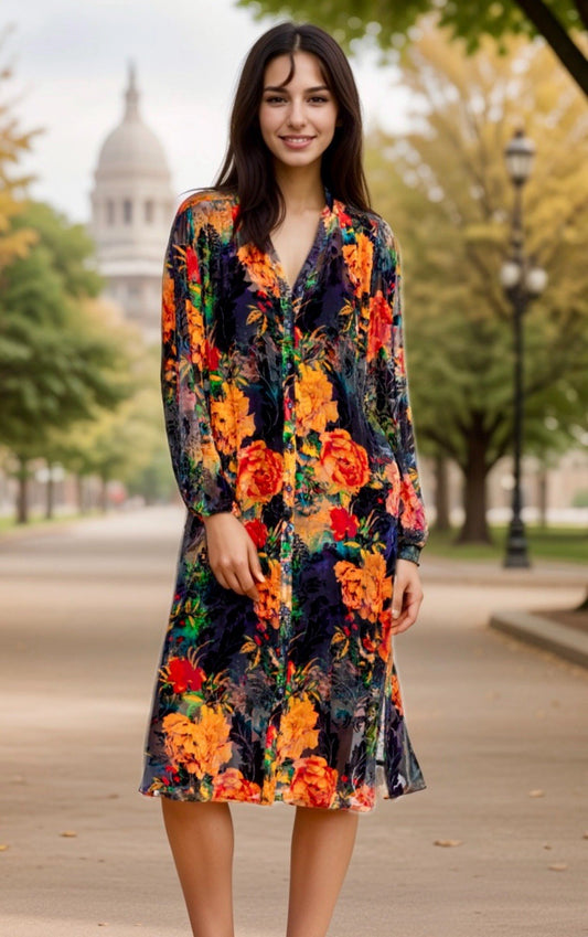 Johnny Was 3X Navy Blue & Orange Velvet Burnout Midi Shirt Dress $490 Retail Johnny Was