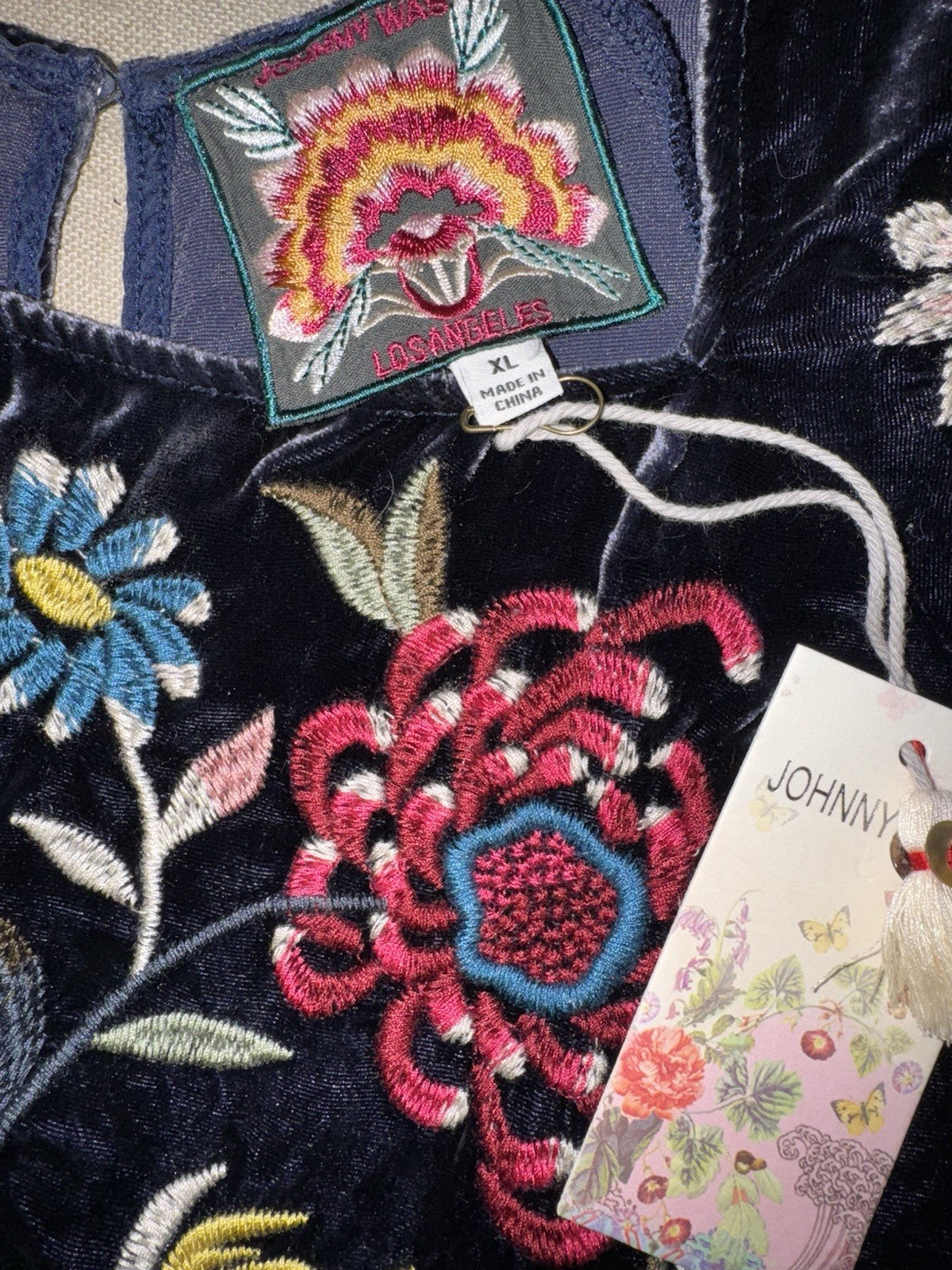 JOHNNY WAS XL Dark Midnight Blue Velvet Midi Dress Tiered Embroidered Maxi Johnny Was