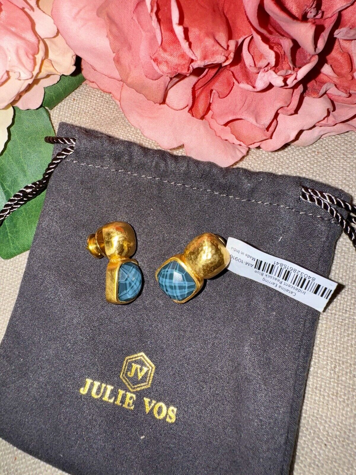 Julie Vos Iridescent Peacock Blue Crystal 24k Gold Plated Earrings