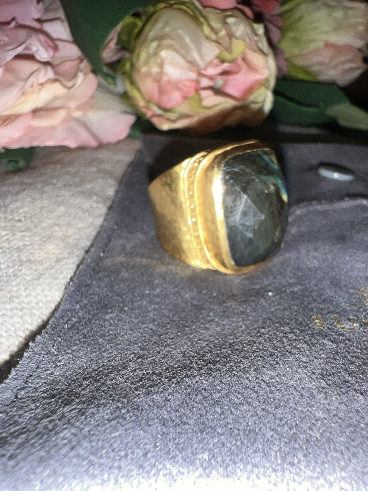 Julie Vos Sz 9 Cuff Ring ADJUSTABLE Real Labradorite & 24k Gold Plated Julie Vos