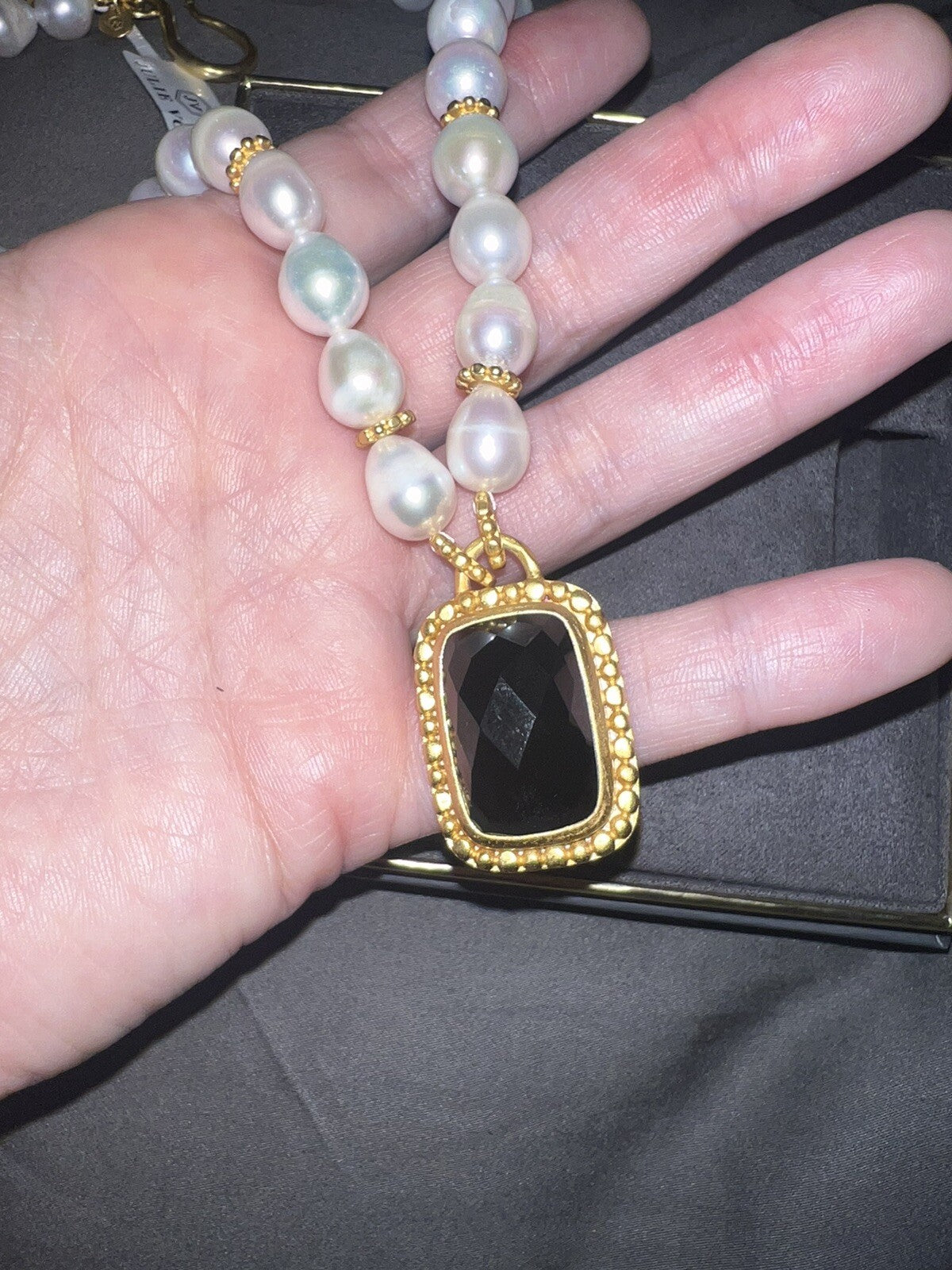 Julie Vos Freshwater Pearl & Obsidian 24k Gold Plate Statement Necklace WOW! Julie Vos