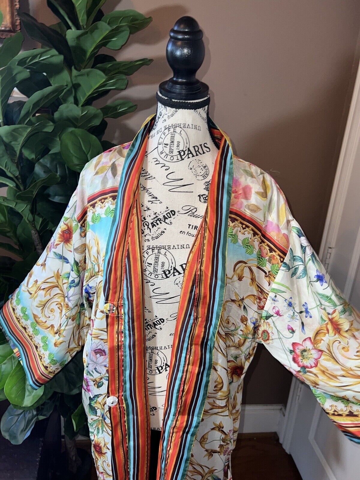 Johnny Was 100% Silk Long Kimono Wrap PL Petite Large REVERSIBLE Duster