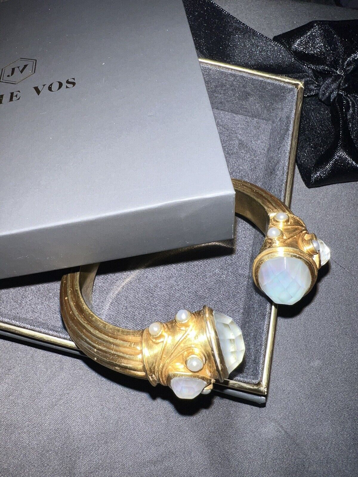 Julie Vos Large Bangle Bracelet Cuff Hinged Iridescent Clear Stones & Pearls